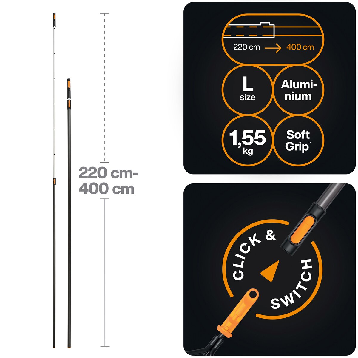 Телескопическая ручка Fiskars OneClick (Размер L — Длина ручки 219–404 см — Вес около 1550 г)