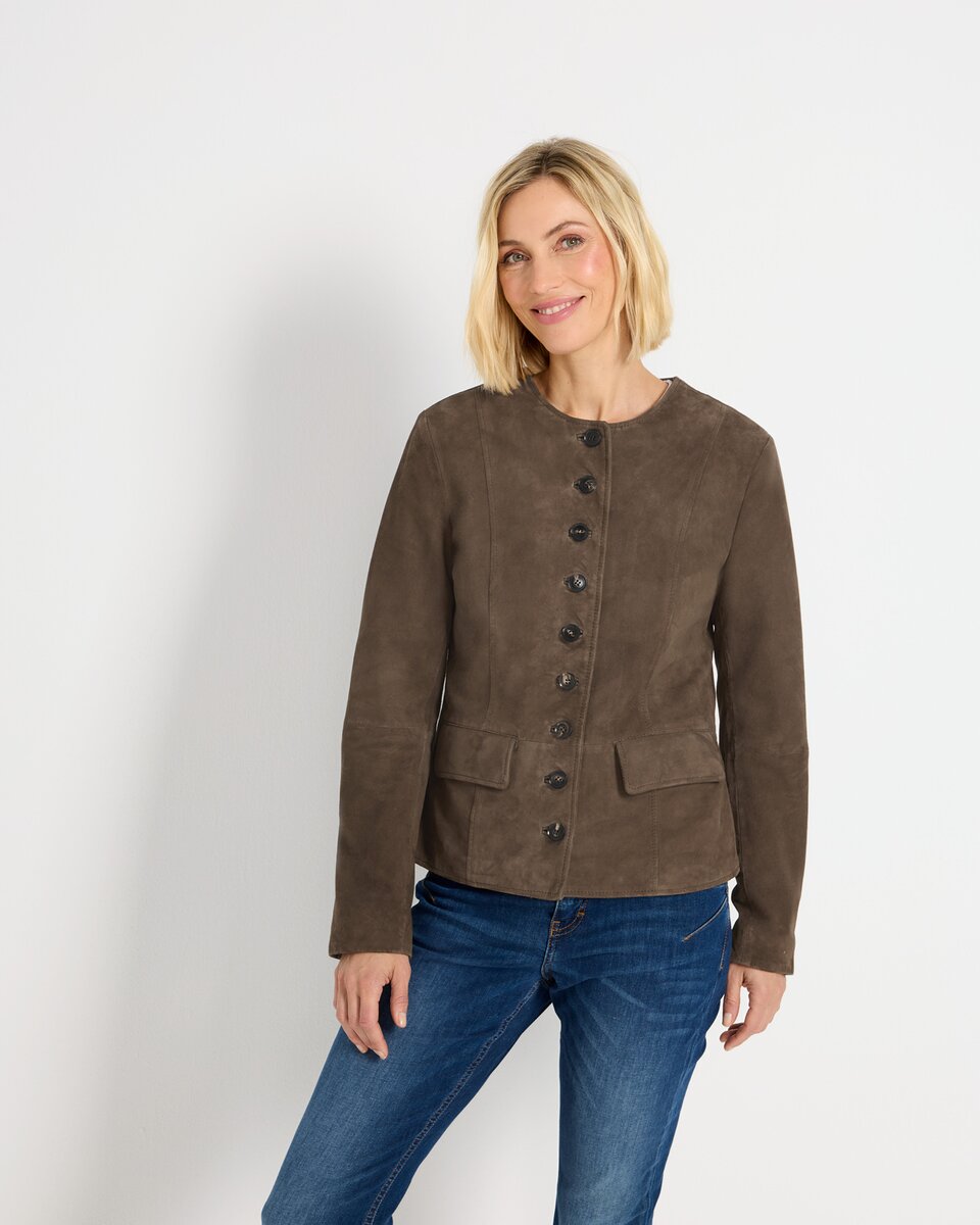 Highmoor Collarless leather jacket (Taupe)