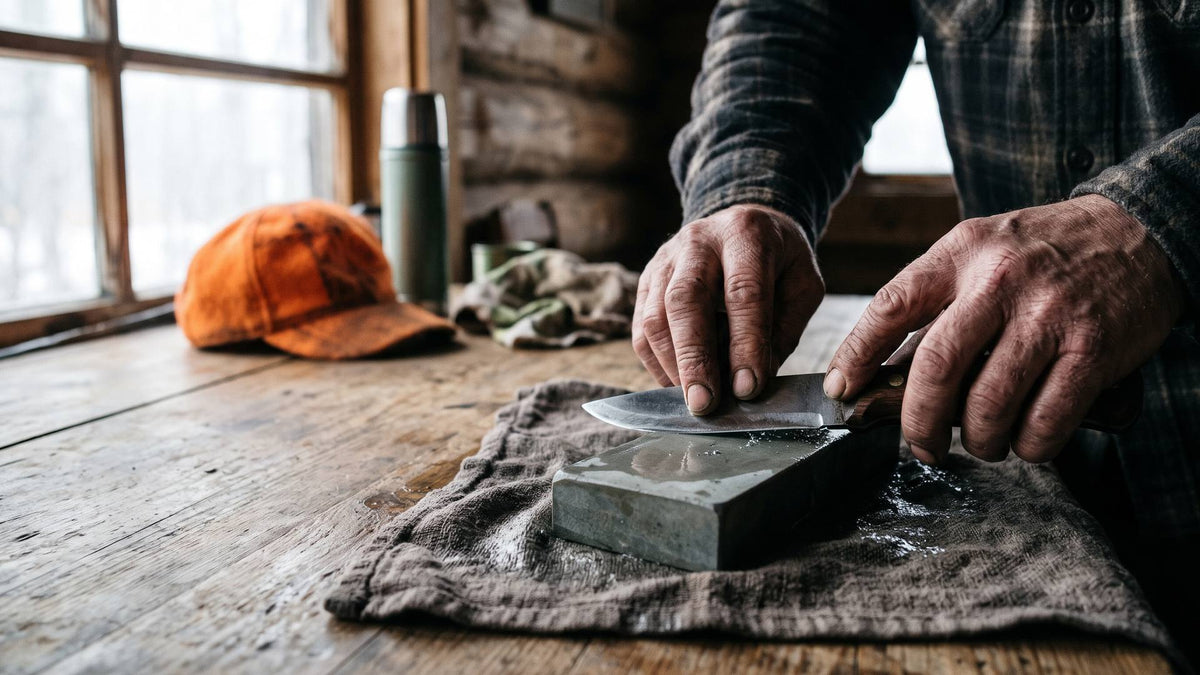 Hunter's hands sharpening a hunting knife on a wet whetstone in a forest cabin