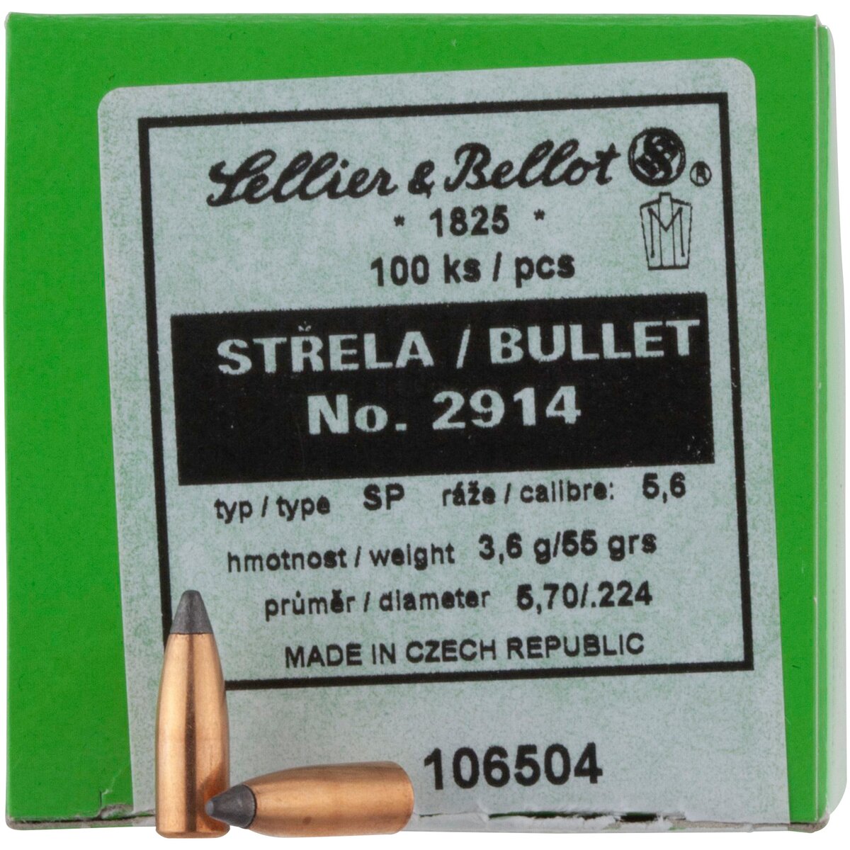 Sellier & Bellot Bullets .224 3.6g/55grs. Tlm (Caliber .224 (5.69 mm)) — Pack of 100 pcs