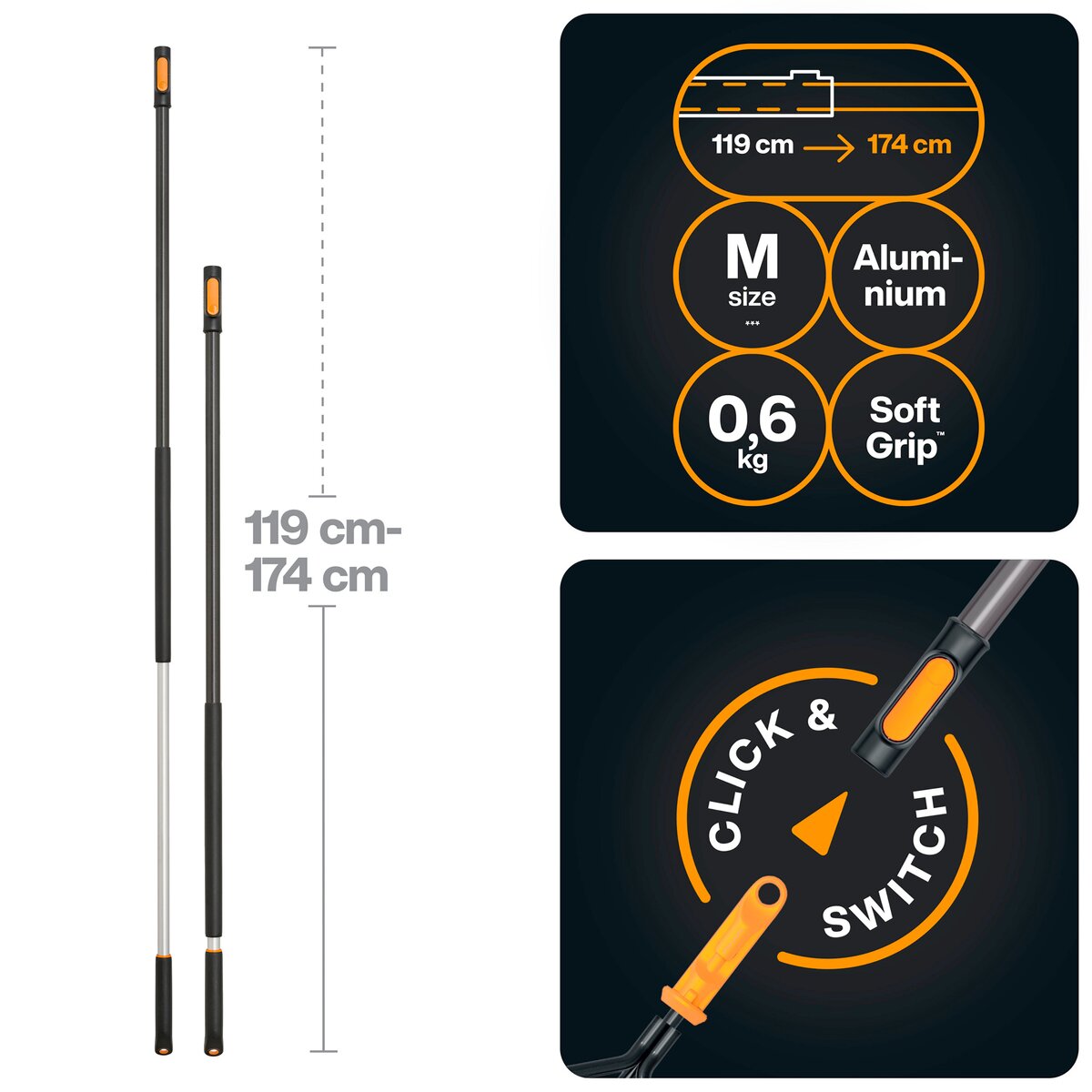 Fiskars OneClick teleskopiskais rokturis (M izmērs – roktura garums 119–179 cm – svars apm. 600 g)