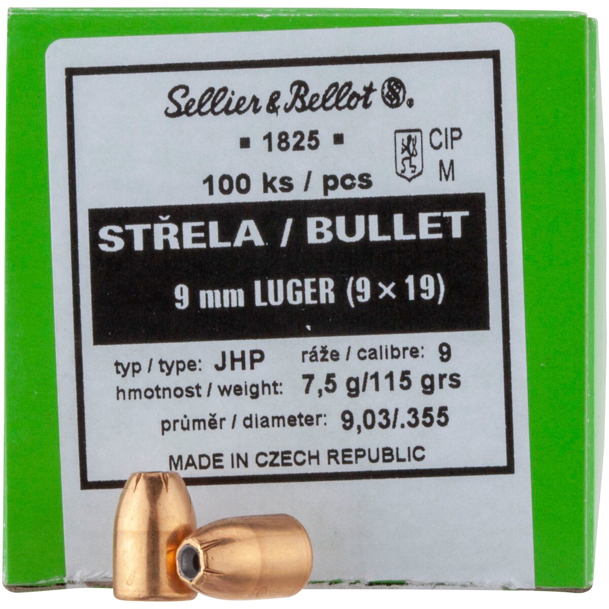 Sellier & Bellot Bullets .355 7.5g/115grs. HP (Caliber .355 (9 mm)) — Pack of 100 pcs