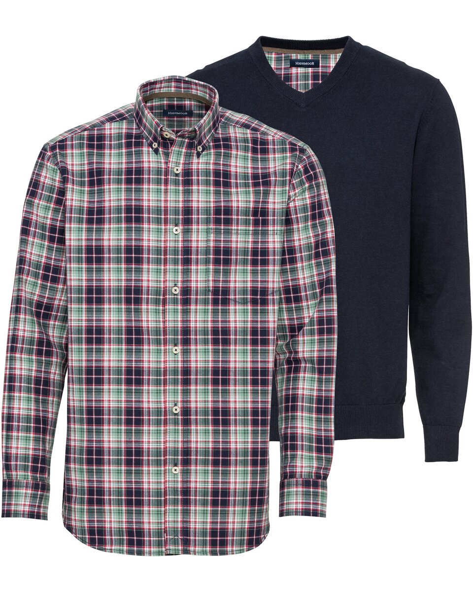Highmoor Set: V-neck sweater & checked shirt (Marine)
