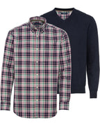 Highmoor Set: V-neck sweater & checked shirt (Marine)