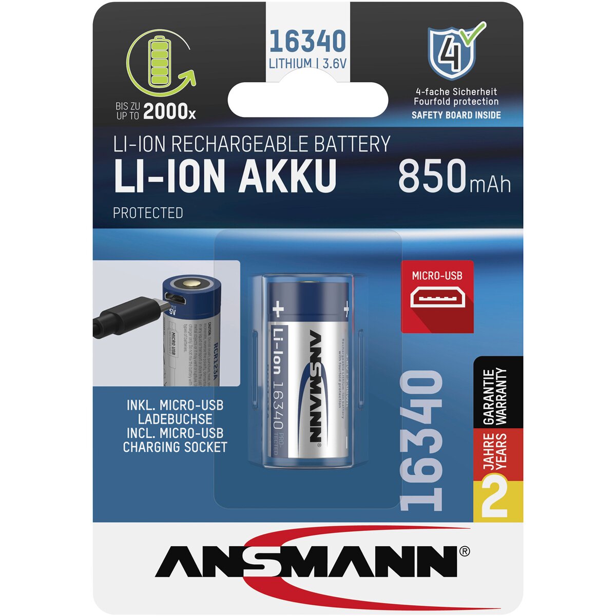 Ansmann Battery Li-Ion 16340 850 mAh micro USB